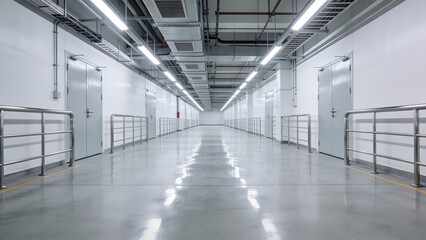 Obraz premium Empty Manufacturing Facility Corridor with LED Lighting