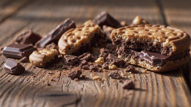 Close up view of appetizing broken chocolate sandwich cookies and chocolate pieces on rustic wooden table