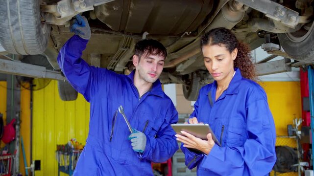 Automotive professionals working together to fix vehicles in a well equipped workshop environment
