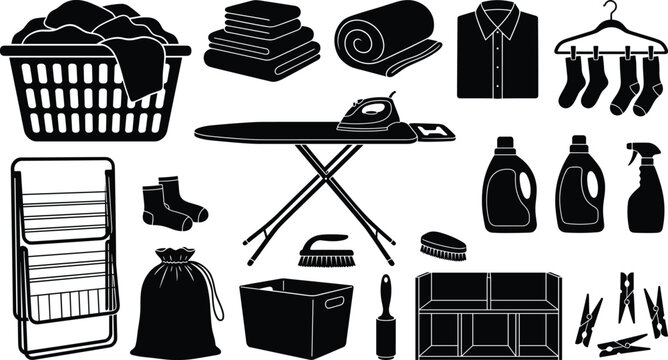 Laundry service and housekeeping icon set with washing basket ironing board detergent and clothes drying rack