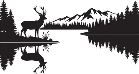 Fototapeta premium Deer silhouette, mountain landscape, lake reflection, wildlife scene, black icon, vector graphic