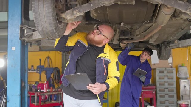 Automotive technicians examining the underside of a car for maintenance in a professional repair shop setting