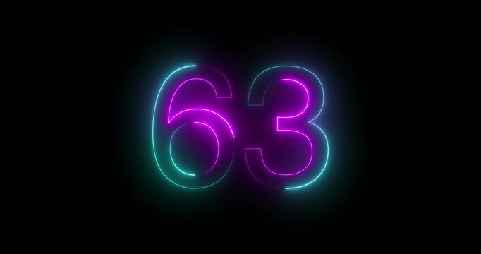 Glowing neon 63 text number animation on black background. Bright neon 63 number symbol. glowing neon number animation concept