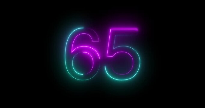 Glowing neon 65 text number animation on black background. Bright neon 65 number symbol. glowing neon number animation concept