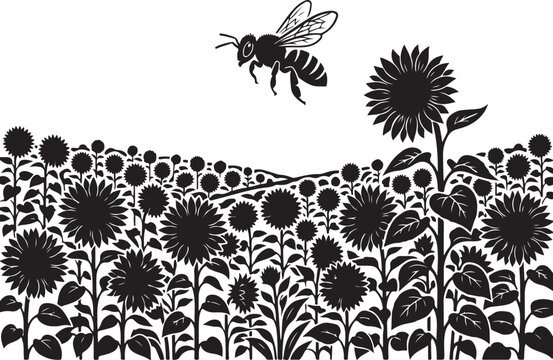 Black bee flying over flower field, floral pattern, insect silhouette, vector illustration