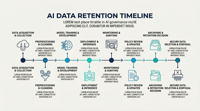 AI Data Retention Timeline Infographic Vector. Machine Learning Data Lifecycle Management Process Flowchart. AI Governance, Data Collection, Model Training, and Secure Deletion Concept Illustration.