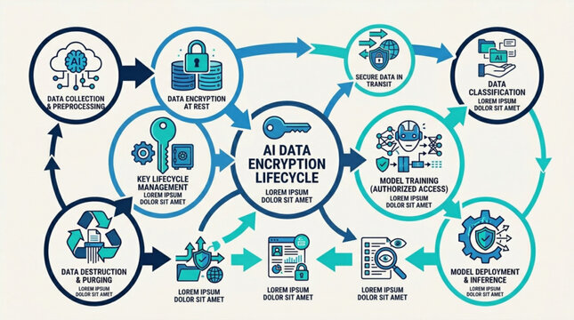 AI Data Encryption Lifecycle Infographic Vector. Machine Learning Cybersecurity and Data Protection Flowchart. Secure Cloud Storage, Key Management, and AI Governance Concept Illustration.