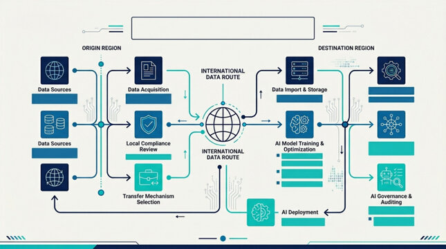 Cross Border Data Transfer Infographic Vector. International AI Data Route Flowchart. AI Governance, Origin to Destination Compliance, Machine Learning Cloud Network Concept Illustration.