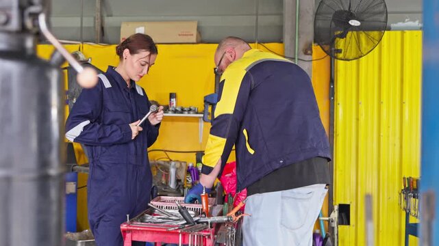 Skilled mechanics working together on vehicle repairs in a well equipped workshop using various tools and equipment