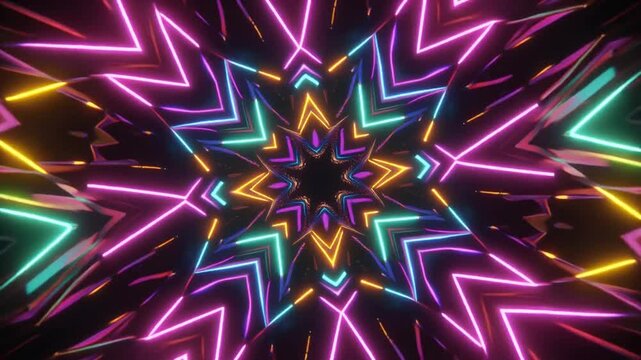 Colorful abstract art featuring a central mandala bursting with vibrant neon colors and intricate kaleidoscopic patterns