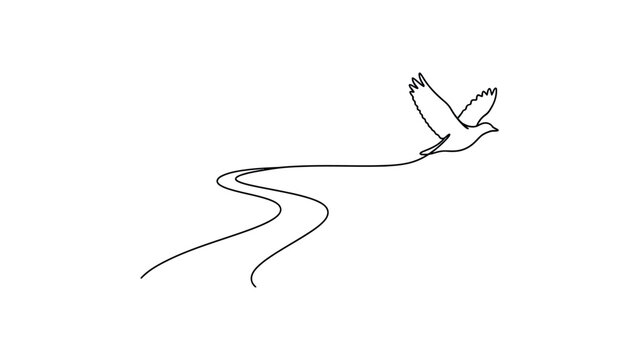 Minimalist continuous line drawing of a bird flying away from a winding path.