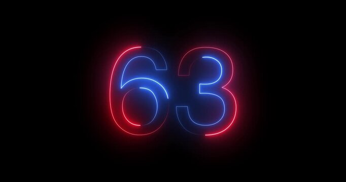 Glowing neon 63 text number animation on black background. Bright neon 63 number symbol. glowing neon number animation concept