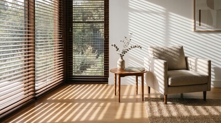 Fototapeta premium Daylight Silhouette in a Naturally Lit Interior, Bright living room with blinds casting shadows on wooden floor and a cozy chair.