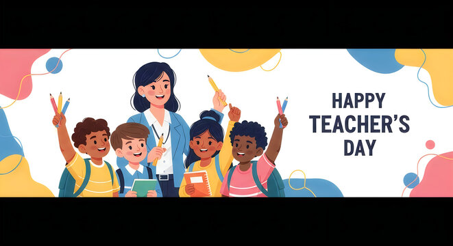 Happy Teachers Day illustration with teacher and diverse students in a colorful vector style