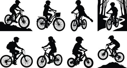 Fototapeta premium Children cycling silhouettes in playful poses with bikes and outdoor activities