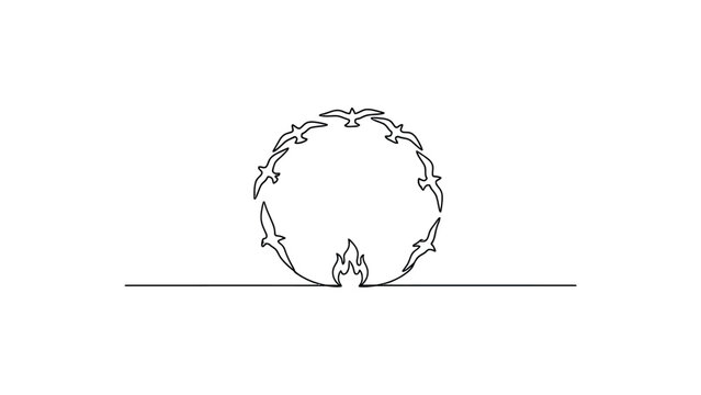 Minimalist continuous line drawing of birds circling a flame icon.
