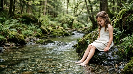 Fototapeta premium A happy young girl sitting on a rock by a small mountain forest stream