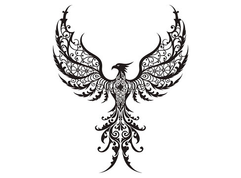 Black phoenix bird icon with spread wings