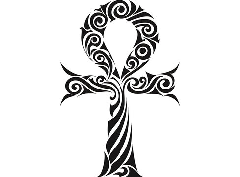 Black ankh symbol with swirling patterns