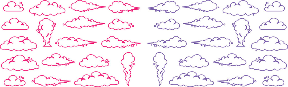 Pixel art clouds vector set, retro 8-bit game style weather elements, digital sky graphics. Outline cloud shapes, smoke, and lightning icons for UI design, app interfaces