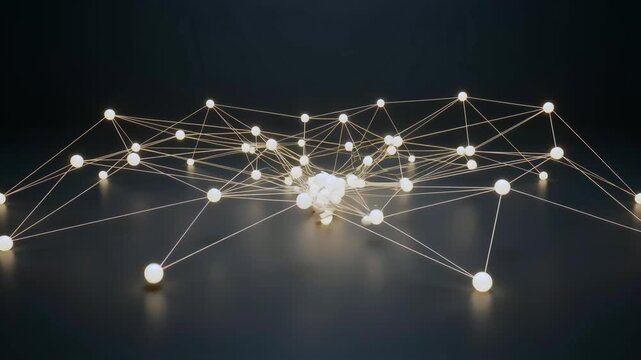 Network nodes forming macro digital view across dark surface, connected points and data mesh for AI modeling, cybersecurity analytics, fintech system mapping, and business intelligence media