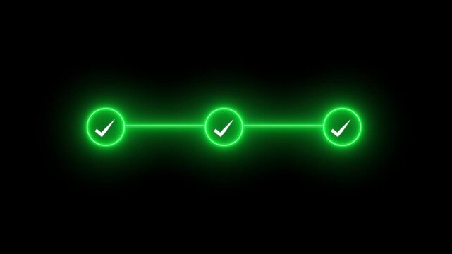 abstract 3 step infographic process with check mark icon animation. Step-by-step process icon animation on black background.