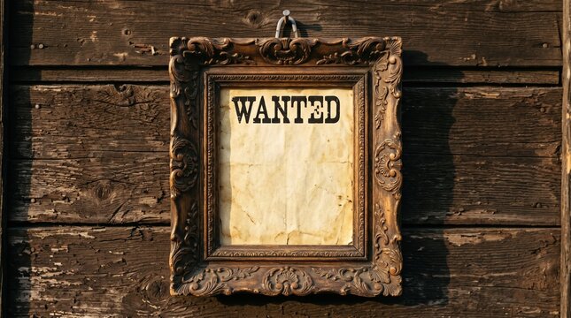 Old wanted poster framed on a weathered wooden door with wild west criminal record fugitive criminal document