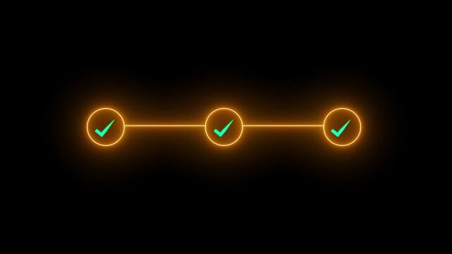 abstract 3 step infographic process with check mark icon animation. Step-by-step process icon animation on black background, process success with check marks.4k video