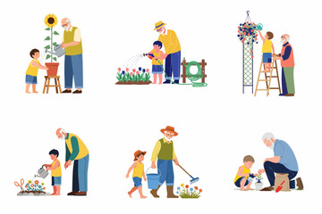 Fototapeta premium Set of flat illustrations showing a grandfather and grandson gardening together, watering plants, and bonding outdoors in the springtime.