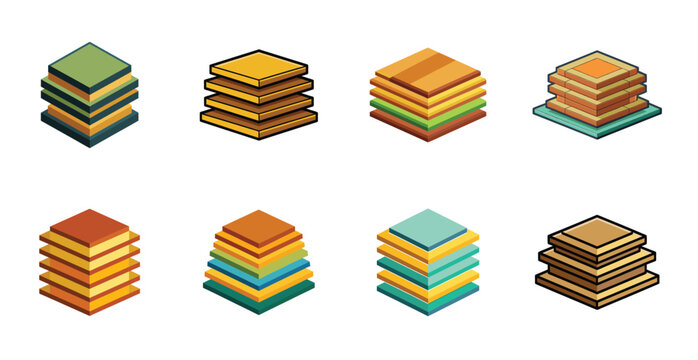 A collection of eight isometric stack of layered square plates