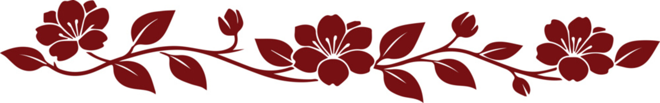 Elegant maroon floral border vector, decorative botanical flourish, delicate flower and leaf design element for wedding invitations, greeting cards, and vintage-inspired decor