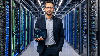 Fototapeta premium Professional it manager holding tablet with data analytics in server room