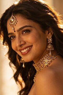 Indian woman in traditional Indian costume showcasing gold jewellery 