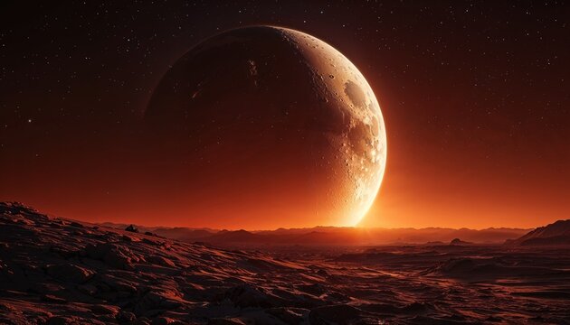 Dramatic glowing moon rising over a rocky alien planet surface in deep space with landscape