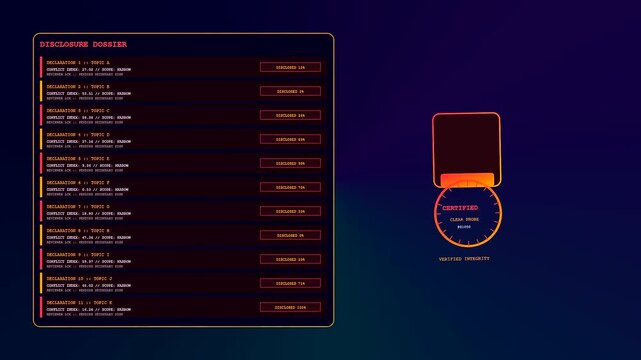 Digital ethics auditing interface with scrolling text panels and circular neon verification badge showing consistent data monitoring within a dark virtual environment for cyber system analysis