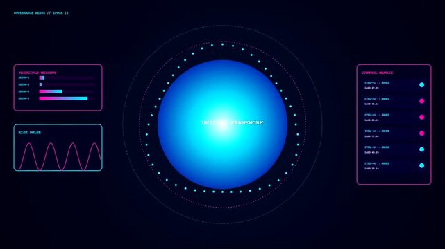 An ethics auditing interface showing glowing blue spheres surrounded by circular data points and multiple pink panels with neon graphs in a dark digital environment