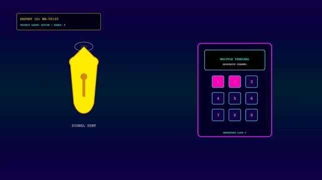Digital displays showing ethics auditing sequences on interactive interfaces with pulsing notification icons and glowing button arrangements set against a dark gradient neon purple space