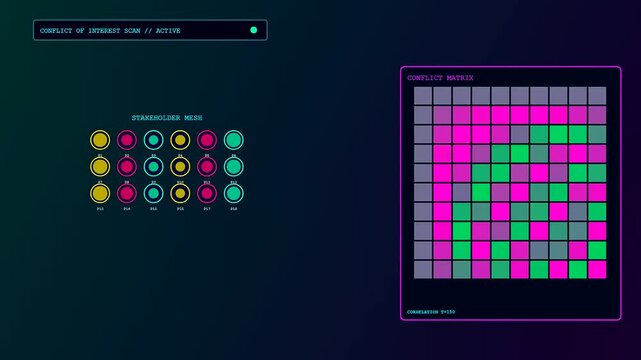 An ethics auditing interface displays grid matrices with shifting neon pink and green squares beside circular node arrangements across a dark digital panel screen display
