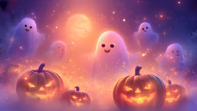 Charming Halloween night background with glowing pumpkins and adorable floating ghosts under warm, magical lighting