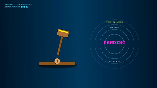 A digital ethics auditing process animation featuring a wooden gavel striking a platform as status labels update from review to pending on dark blue screen