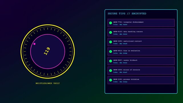Ethics auditing interfaces are shown in a sequence of digital screens featuring glowing circular radar displays alongside text lists revealing protected secure files within a system
