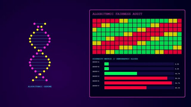 Three screens displaying complex ethics auditing statistics with neon dna double helix animations and colorful grid charts moving in a dark computer interface software environment
