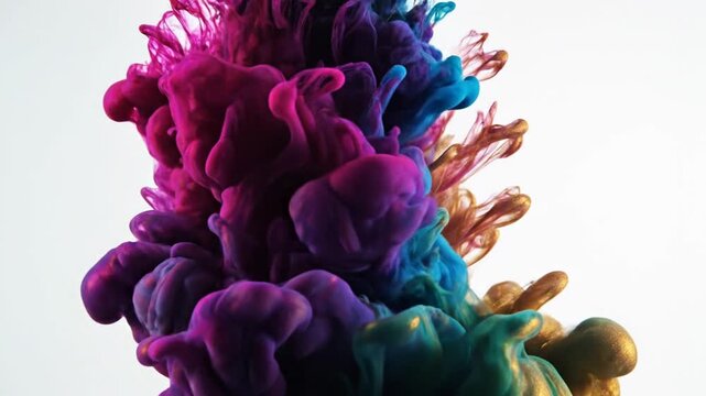 Colorful ink cloud swirling in water against white.