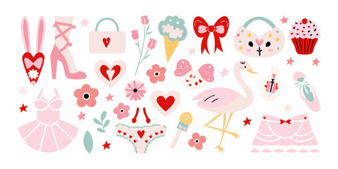 Collection Of Feminine Vector Illustrations With Hearts Flowers And Animals © Prince