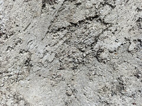 A close-up shot captures the rough, weathered texture of an old concrete wall. The surface is uneven, dark patches, mineral stains, and reflecting natural aging