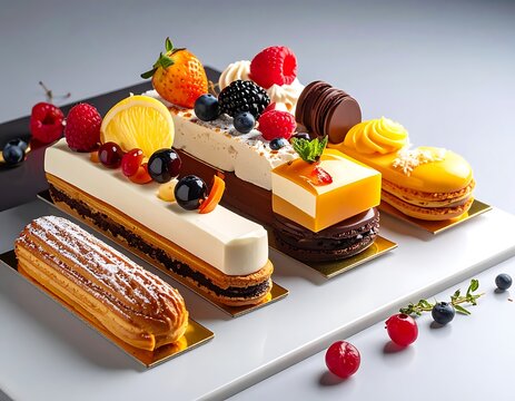 A selection of assorted desserts with fruit toppings on a white plate