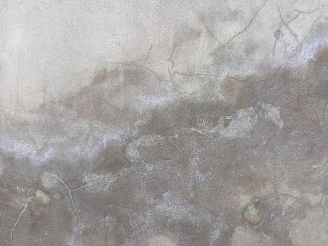 A close-up shot captures the rough, weathered texture of an old concrete wall. The surface is uneven, dark patches, mineral stains, and reflecting natural aging