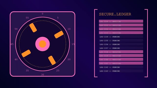 Ethics auditing software interfaces display sequential log entries and circular status indicators presented on a dark digital monitor with rhythmic motion updates for data processing observation