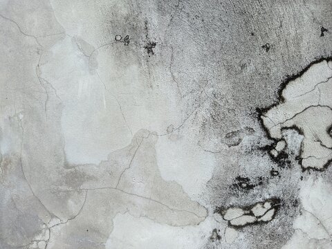 A close-up shot captures the rough, weathered texture of an old concrete wall. The surface is uneven, dark patches, mineral stains, and reflecting natural aging