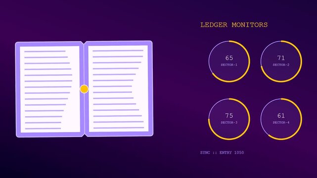 A digital ethics auditing interface displays animated book icons and circular progress charts shifting through fluctuating data sequences in this minimalist glowing purple graphical user interface